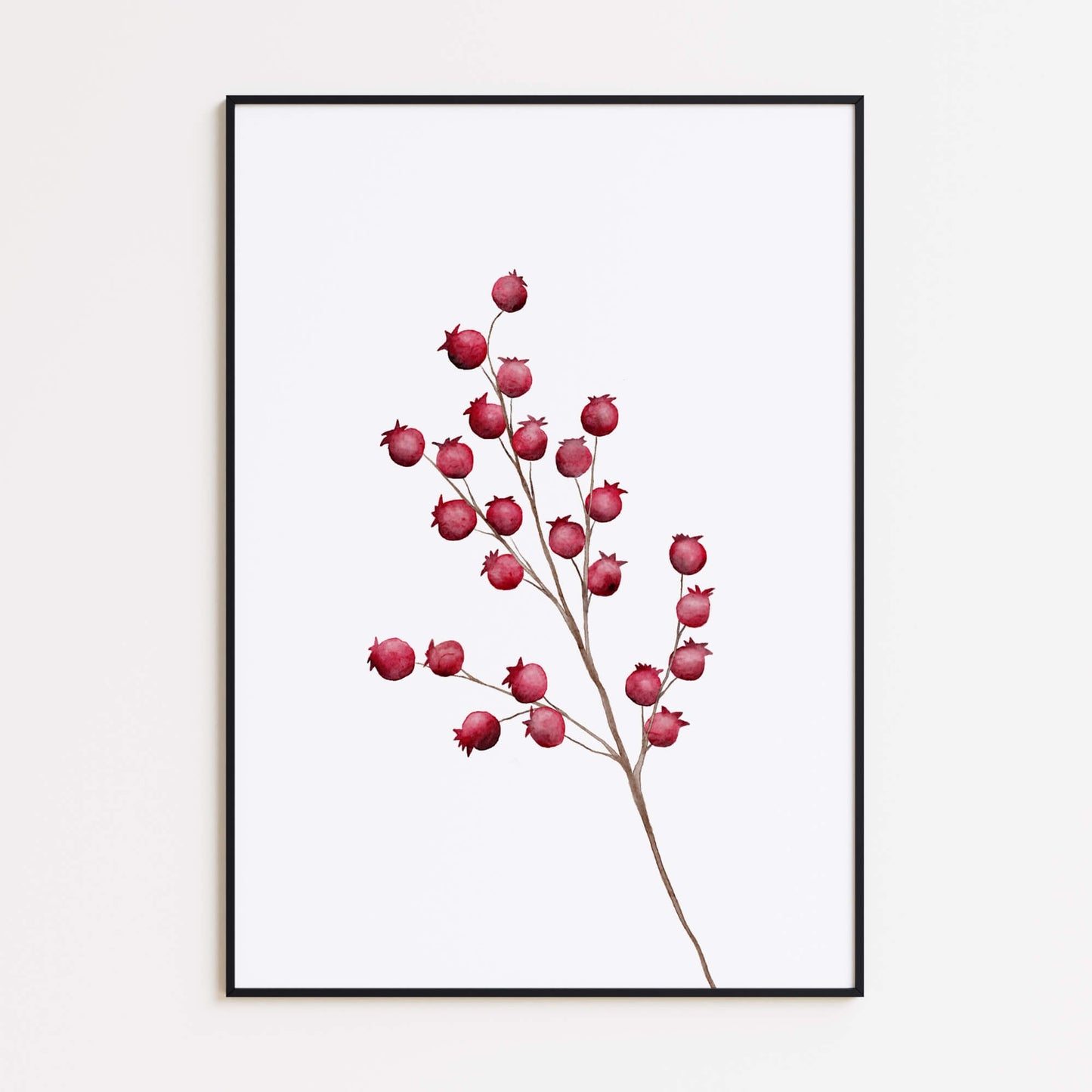 Wandkunst mit roten Beerenzweigen – Botanische Aquarellkunst zum Ausdrucken