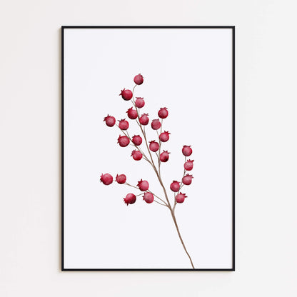 Wandkunst mit roten Beerenzweigen – Botanische Aquarellkunst zum Ausdrucken