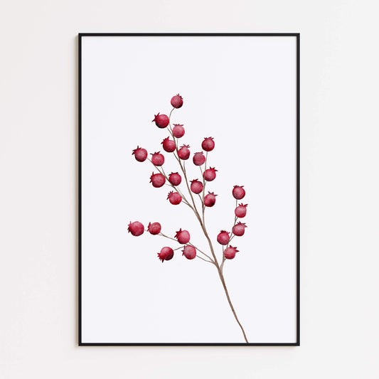 Wandkunst mit roten Beerenzweigen – Botanische Aquarellkunst zum Ausdrucken