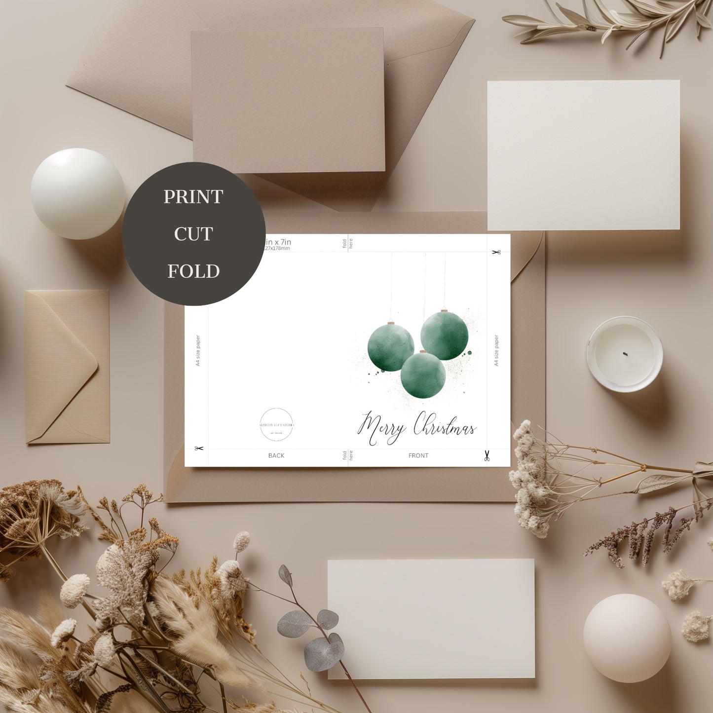 Druckbare Weihnachtskarte - Ornament Aquarell Design
