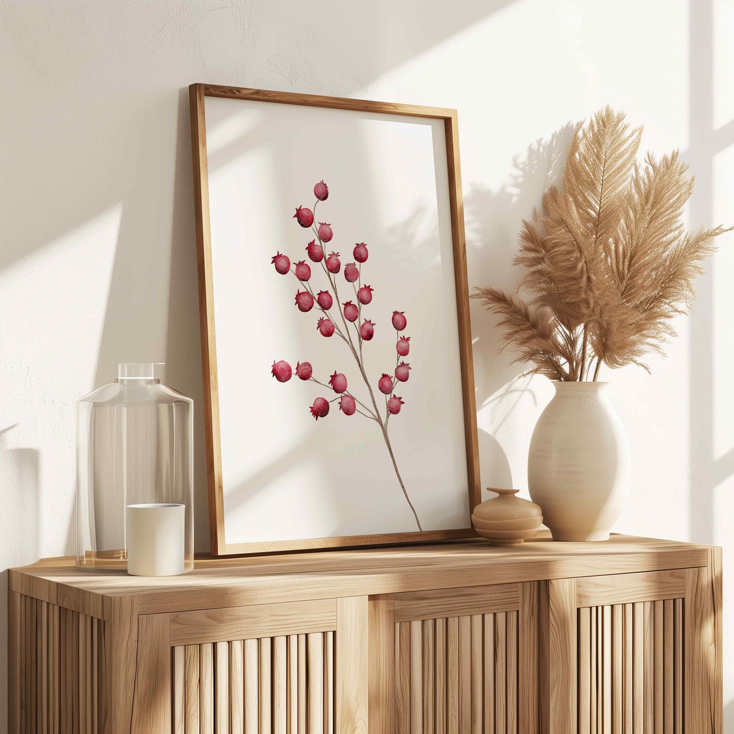 Wall Art with Red Berry Branches | Botanical Watercolor Printable
